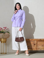 Lavender White Cotton Cutaway Collar Long Sleeves Roll-Up Sleeves Striped Shirts