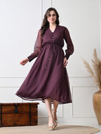 Women Purple Solid Long Sleeve Midi Dress