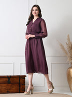 Women Purple Solid Long Sleeve Midi Dress