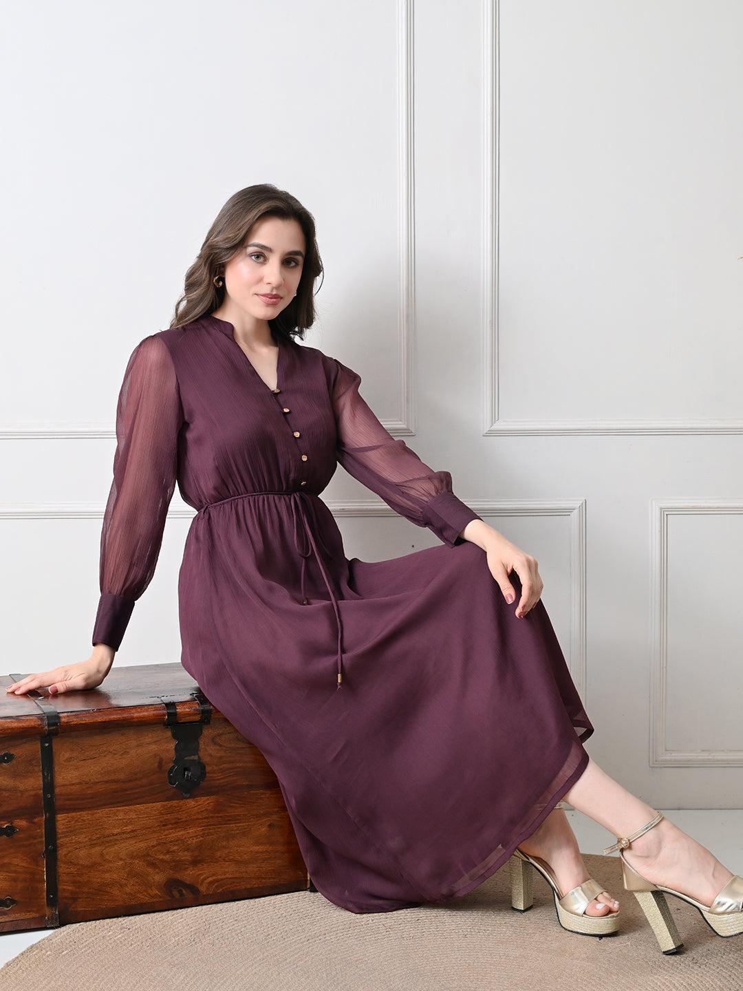 Women Purple Solid Long Sleeve Midi Dress