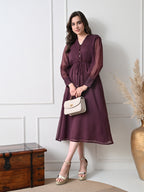 Women Purple Solid Long Sleeve Midi Dress