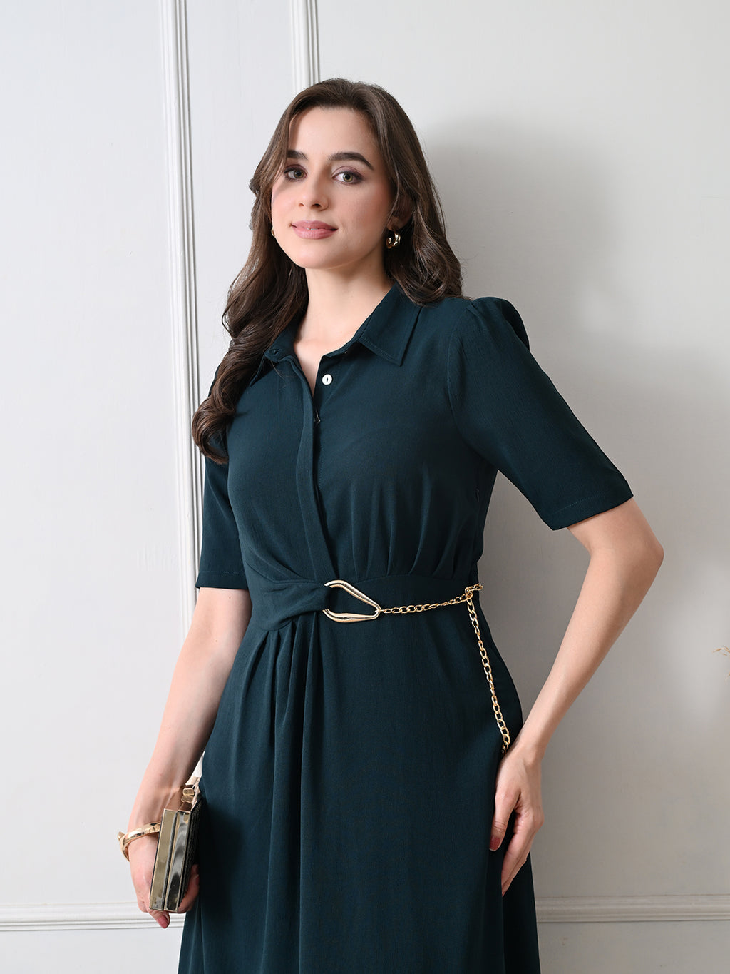 Women Solid Shirt Collar A-Line Midi Dress with Metal Chain Waist Detail