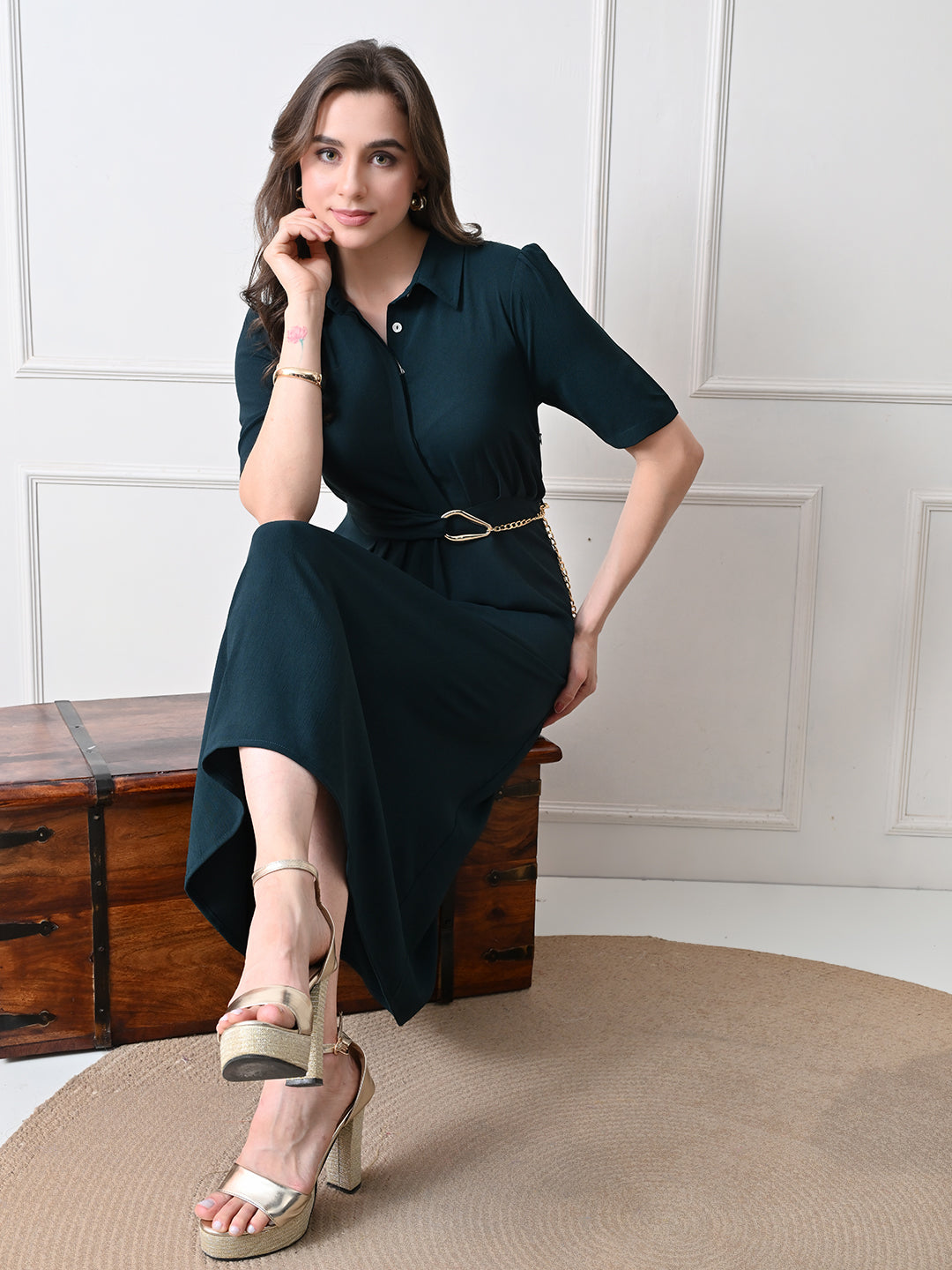 Women Solid Shirt Collar A-Line Midi Dress with Metal Chain Waist Detail