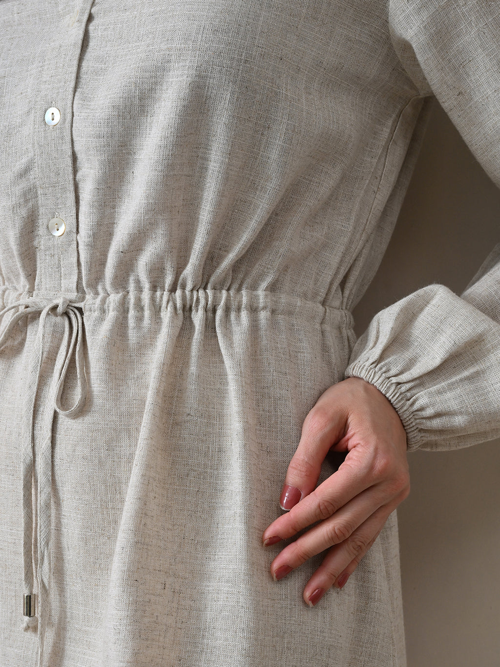 Women Beige Solid Shirt Collar Drawstring Waist Shirt Dress