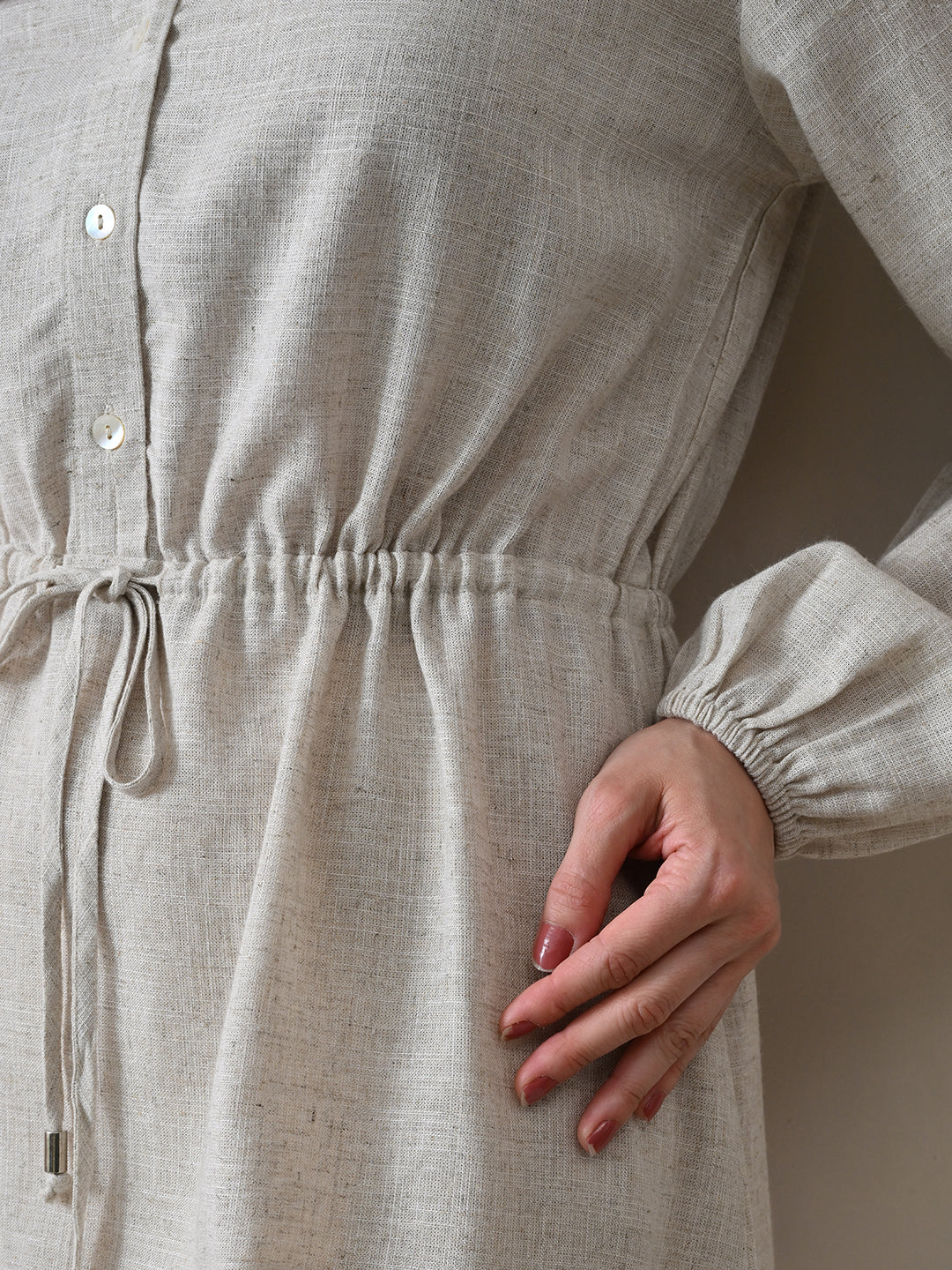 Women Beige Solid Shirt Collar Drawstring Waist Shirt Dress