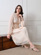 Women's Cream Self Design Lace Detail V-Neck Empire Midi Dress