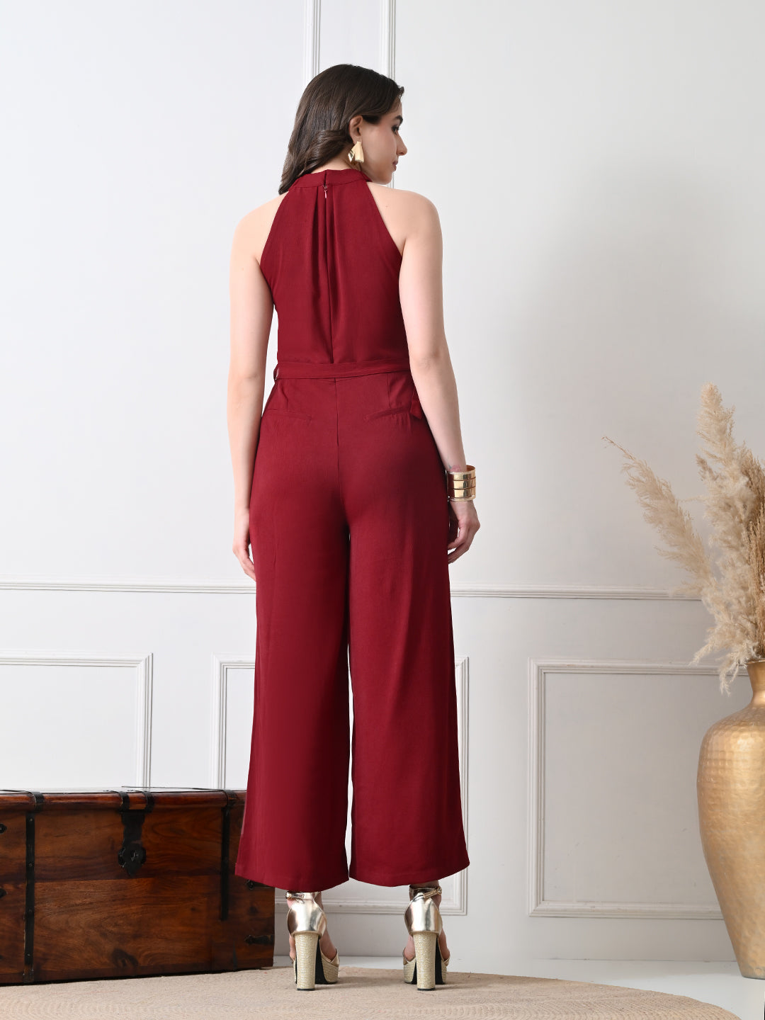 Women Burgundy Halter Neck Wide Leg Jumpsuit