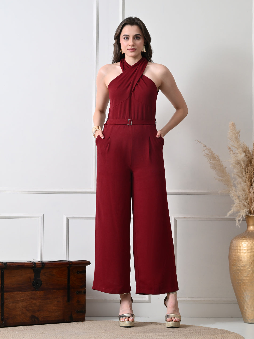 Women Burgundy Halter Neck Wide Leg Jumpsuit