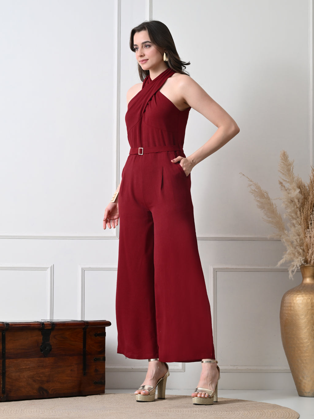 Women Burgundy Halter Neck Wide Leg Jumpsuit