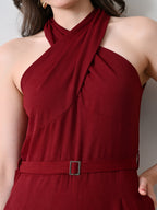 Women Burgundy Halter Neck Wide Leg Jumpsuit