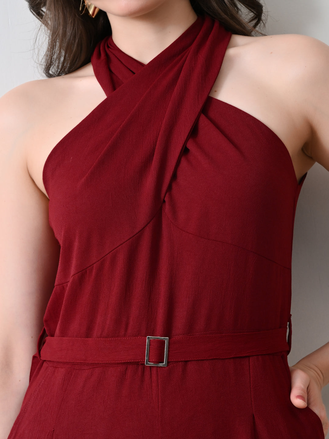 Women Burgundy Halter Neck Wide Leg Jumpsuit