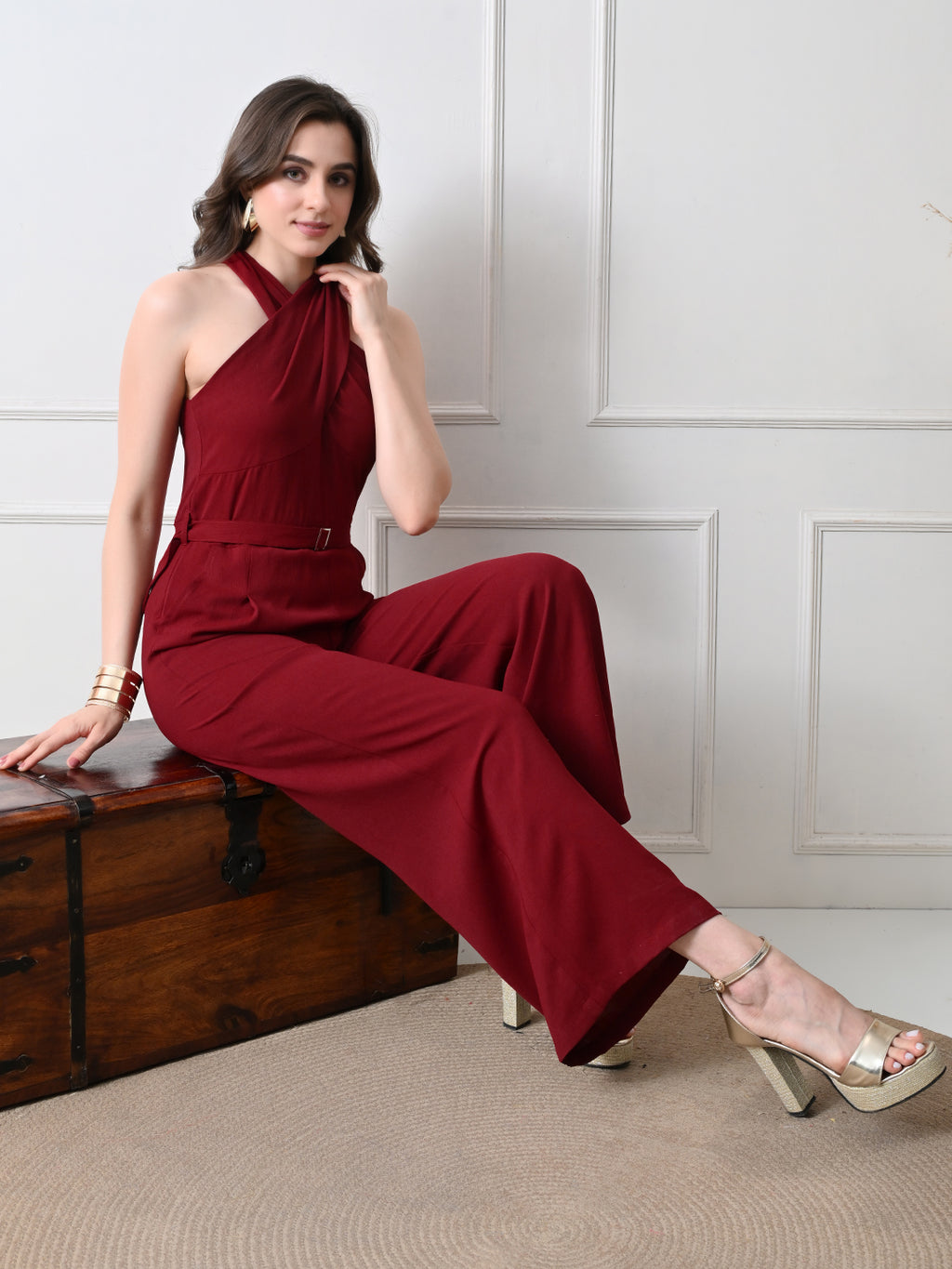 Women Burgundy Halter Neck Wide Leg Jumpsuit