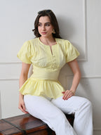 Ikonic klaer Women Solid Pintuck Peplum Top with Puff Sleeves