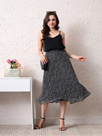 Women Black & White Printed A-Line Midi Skirt | Elasticated Waist | Lined Flared Skirt