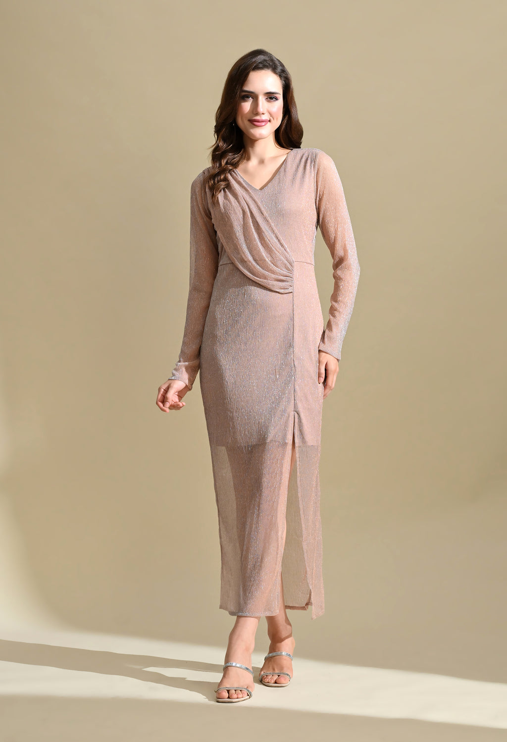 Ikonic Klaer Women Solid Shimmery Draped Detail Bodycon Maxi Dress