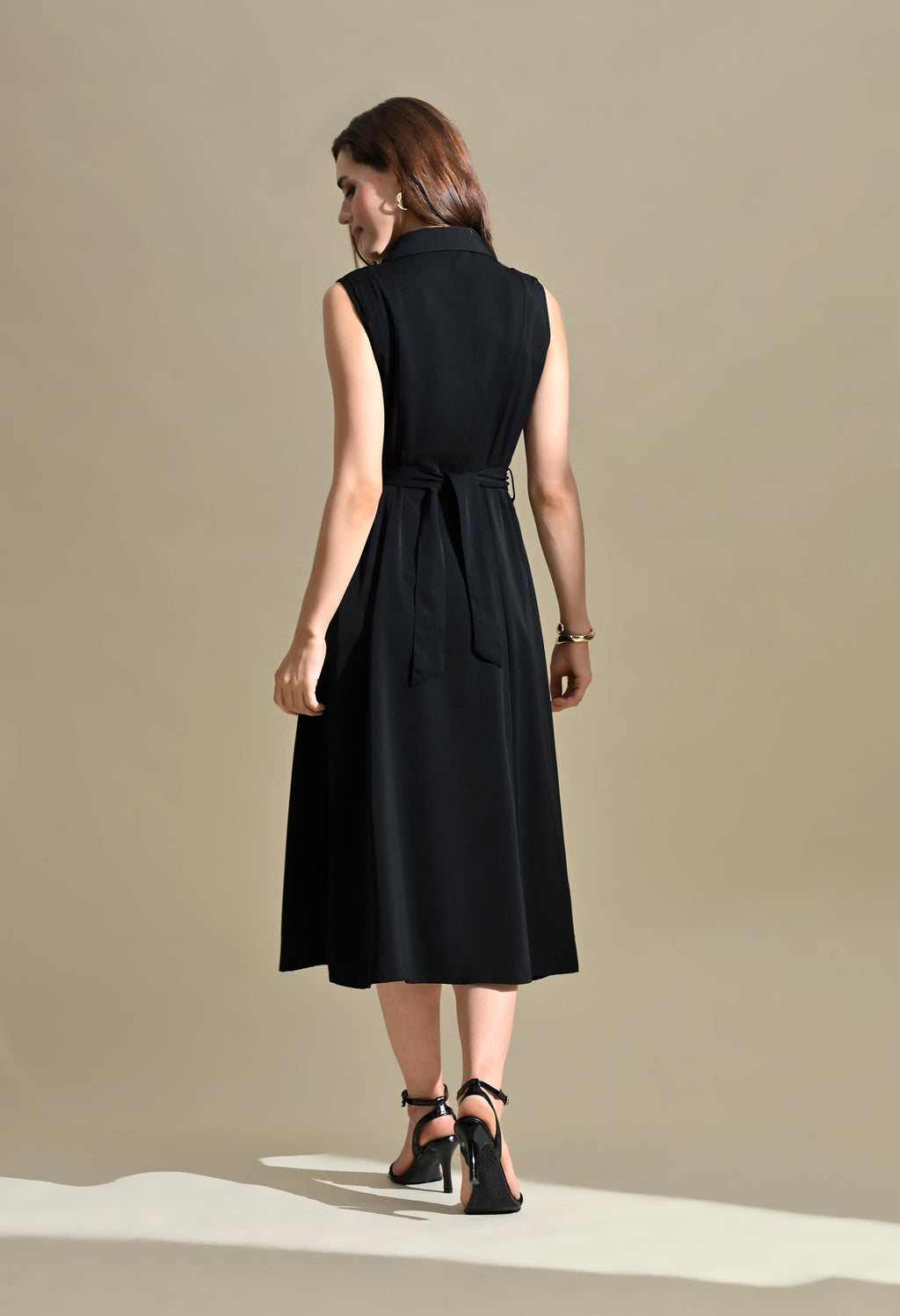 Women Black Solid Shirt Collar Belted Fit & Flare Midi Dress