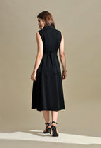 Women Black Solid Shirt Collar Belted Fit & Flare Midi Dress