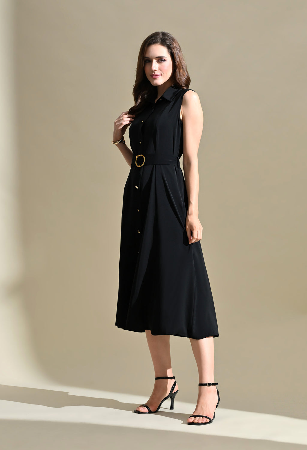 Women Black Solid Shirt Collar Belted Fit & Flare Midi Dress