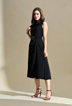 Women Black Solid Shirt Collar Belted Fit & Flare Midi Dress