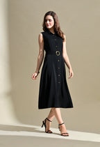 Women Black Solid Shirt Collar Belted Fit & Flare Midi Dress