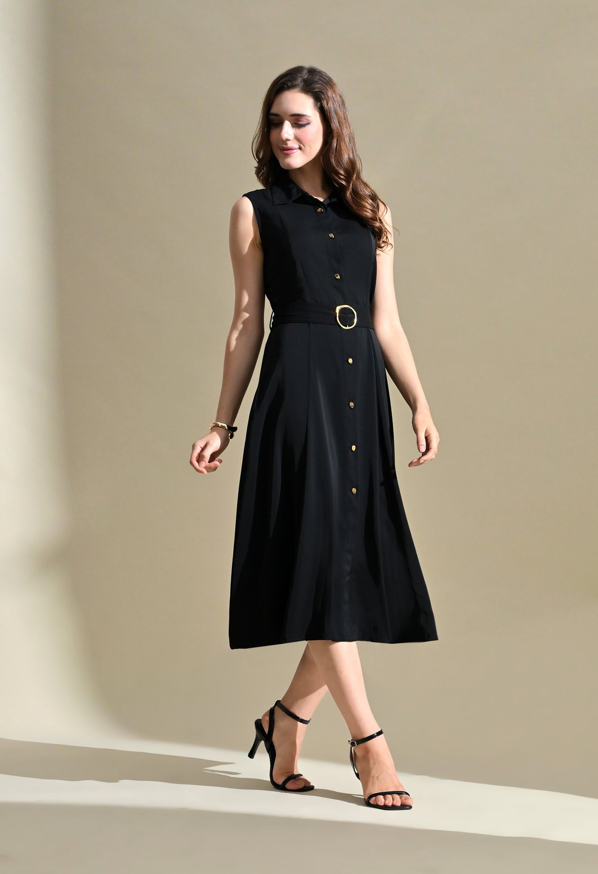 Women Black Solid Shirt Collar Belted Fit & Flare Midi Dress