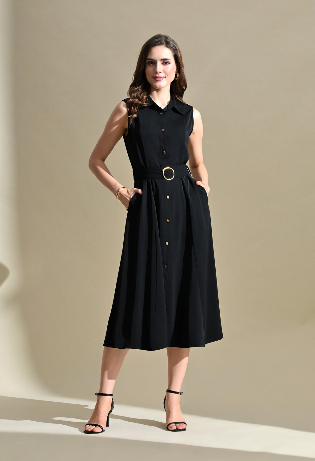 Women Black Solid Shirt Collar Belted Fit & Flare Midi Dress