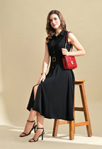 Women Black Solid Shirt Collar Belted Fit & Flare Midi Dress