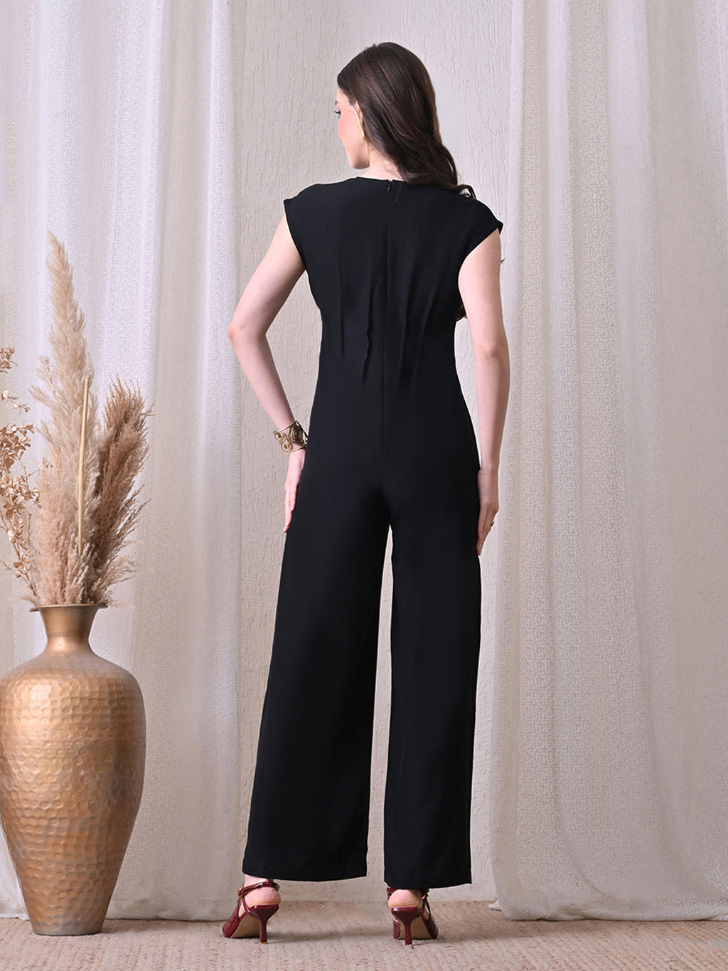 Solid Black button down V-Neck Jumpsuit
