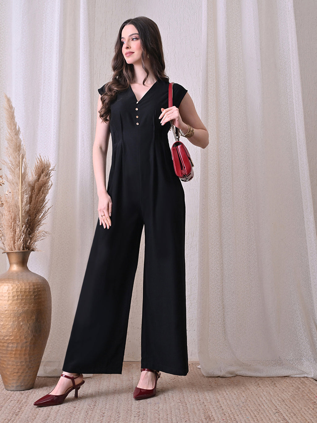 Solid Black button down V-Neck Jumpsuit