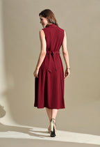 Women Burgandy Solid Shirt Collar Belted Fit & Flare Midi Dress