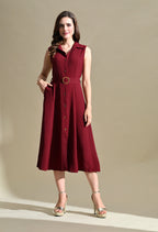 Women Burgandy Solid Shirt Collar Belted Fit & Flare Midi Dress