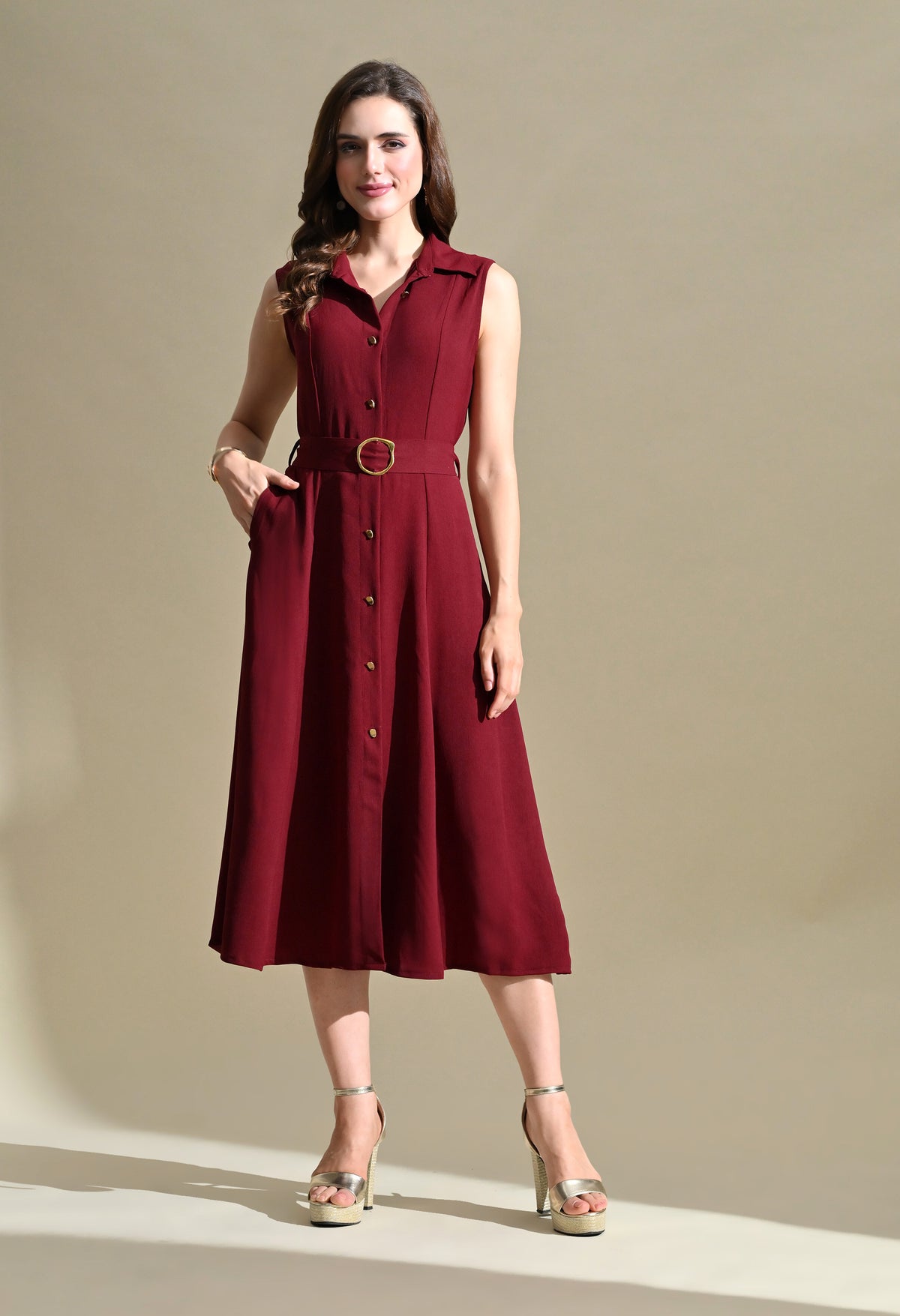Women Burgandy Solid Shirt Collar Belted Fit & Flare Midi Dress