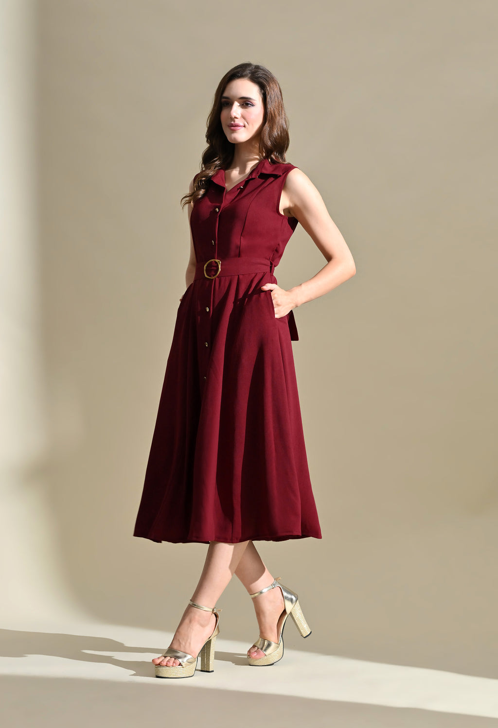 Women Burgandy Solid Shirt Collar Belted Fit & Flare Midi Dress