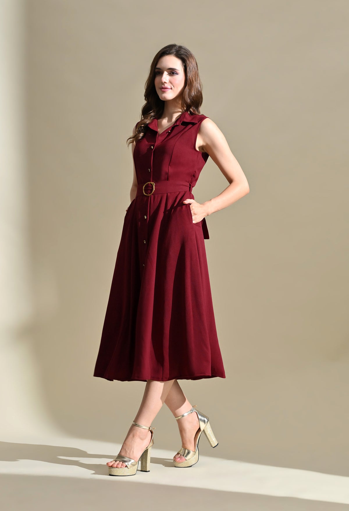 Women Burgandy Solid Shirt Collar Belted Fit & Flare Midi Dress