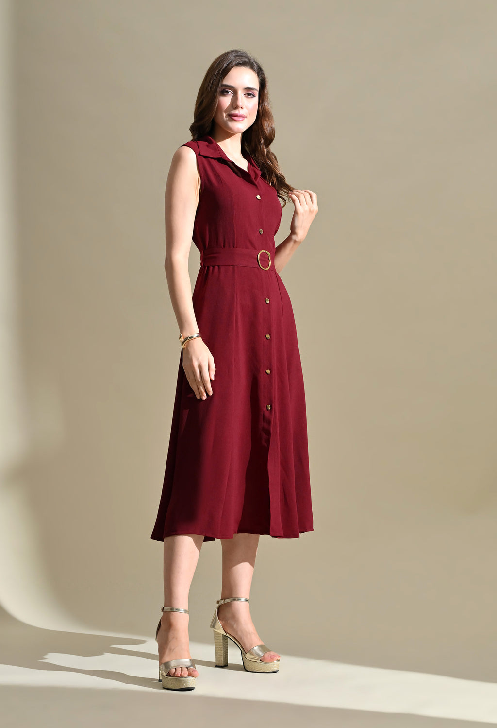 Women Burgandy Solid Shirt Collar Belted Fit & Flare Midi Dress