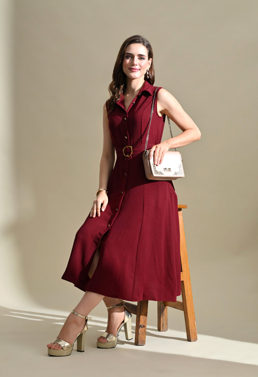 Women Burgandy Solid Shirt Collar Belted Fit & Flare Midi Dress