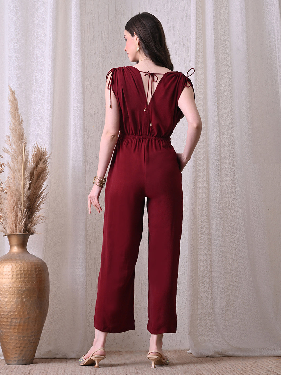 Solid Wine V-Neck Jumpsuit