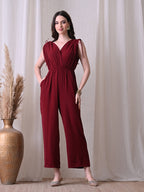 Solid Wine V-Neck Jumpsuit