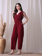 Solid Wine V-Neck Jumpsuit
