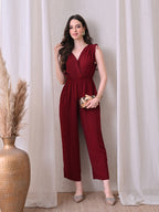 Solid Wine V-Neck Jumpsuit
