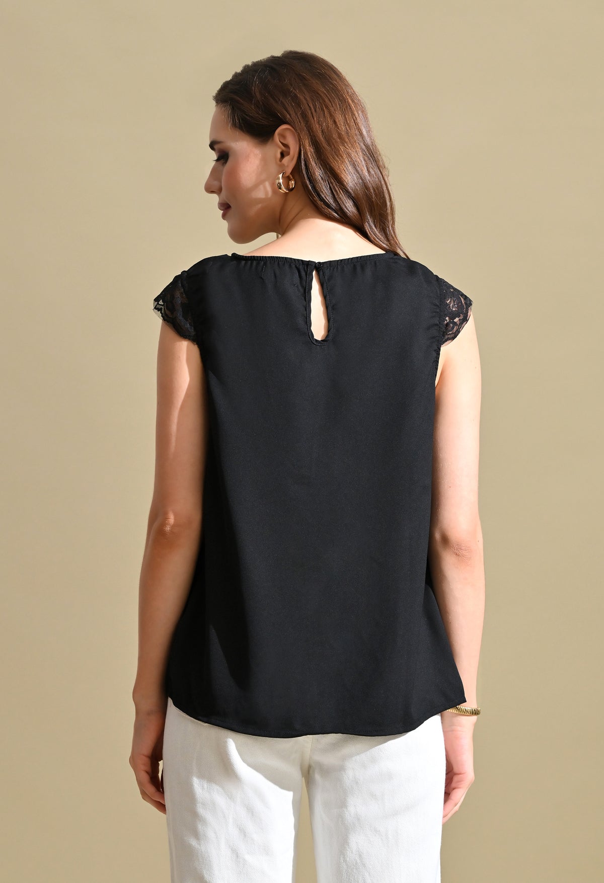 Women Black Solid V-Neck Top with Lace Sleeve Detail
