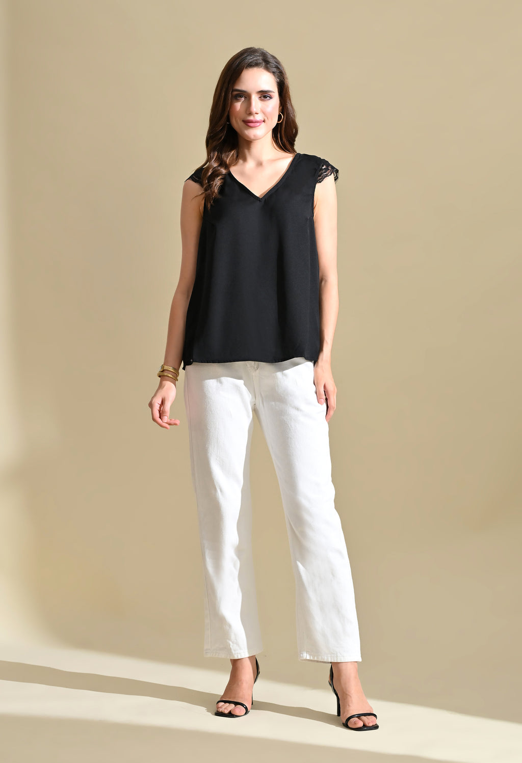 Women Black Solid V-Neck Top with Lace Sleeve Detail