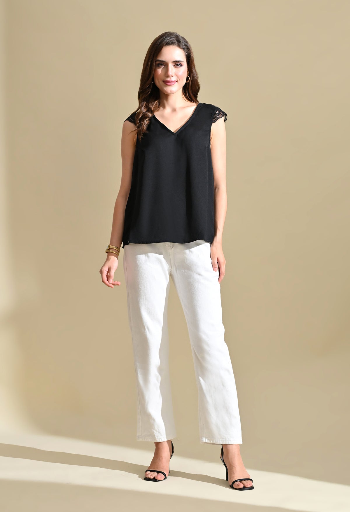 Women Black Solid V-Neck Top with Lace Sleeve Detail