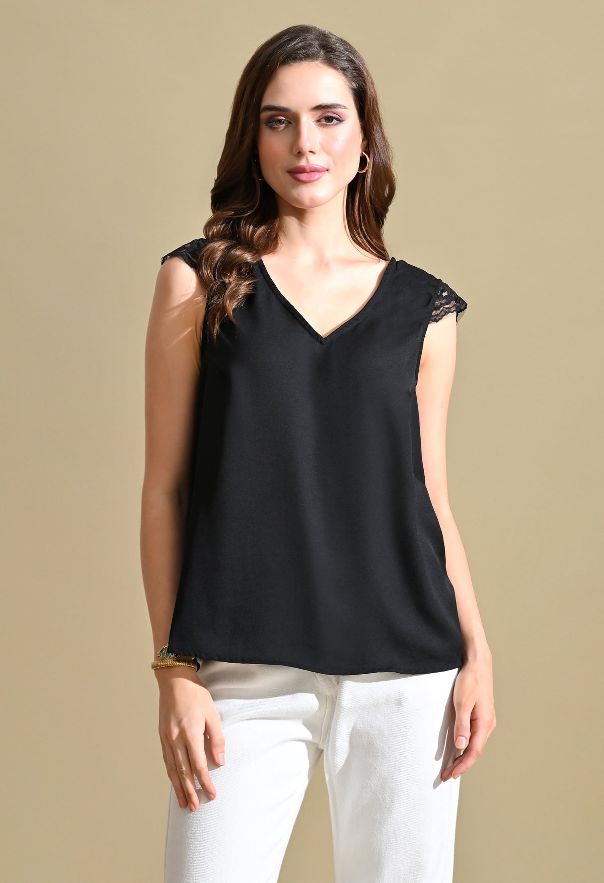 Women Black Solid V-Neck Top with Lace Sleeve Detail