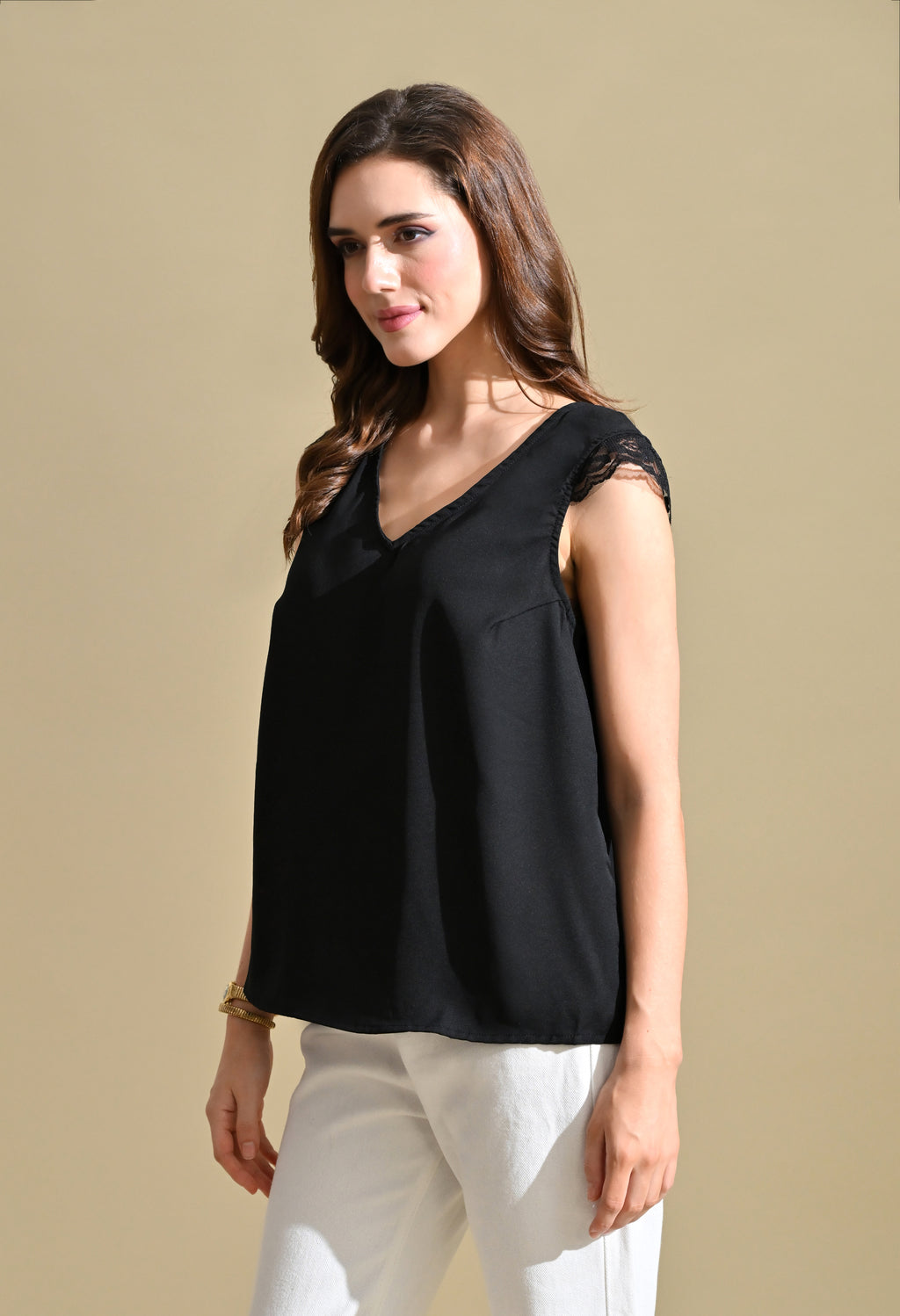 Women Black Solid V-Neck Top with Lace Sleeve Detail