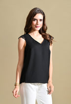 Women Black Solid V-Neck Top with Lace Sleeve Detail