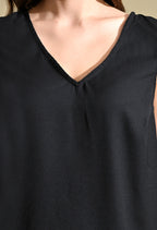 Women Black Solid V-Neck Top with Lace Sleeve Detail