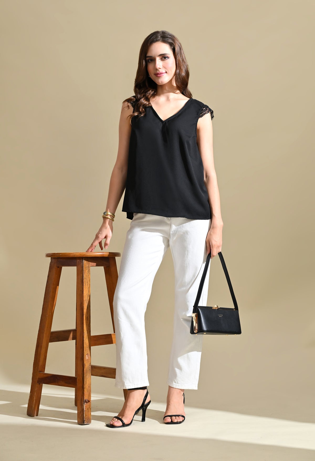 Women Black Solid V-Neck Top with Lace Sleeve Detail