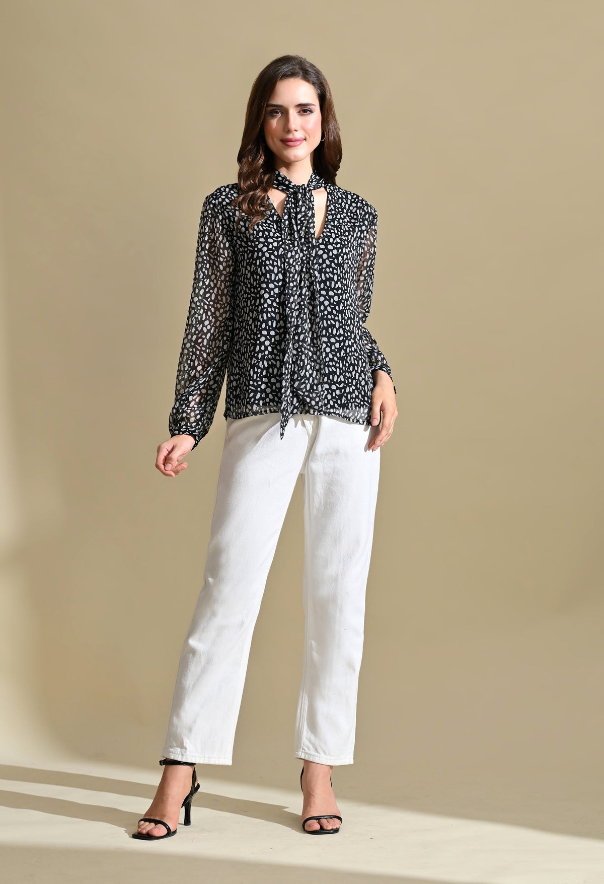 Women Black & White Printed Tie-Up Neck Sheer Sleeve Top