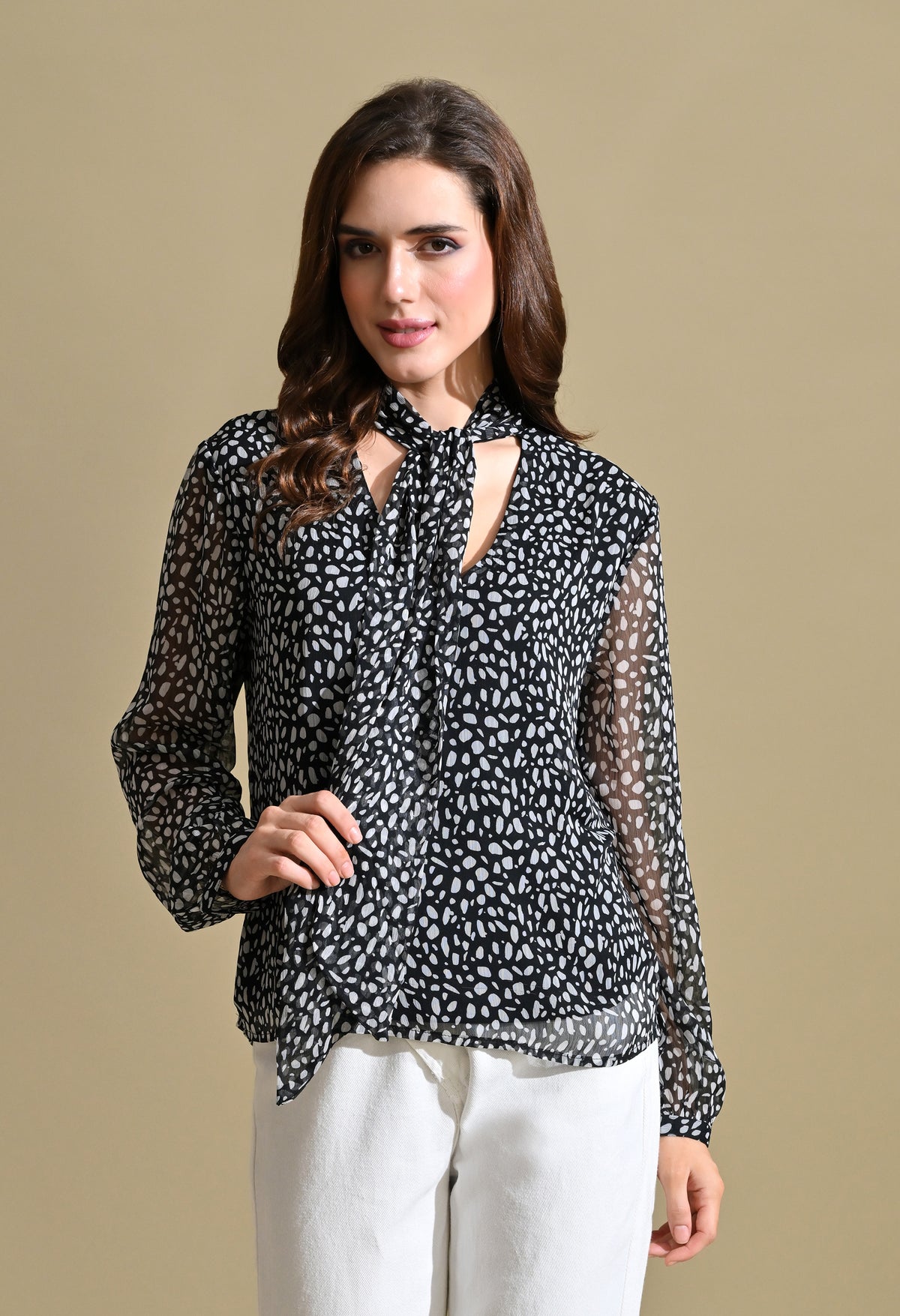 Women Black & White Printed Tie-Up Neck Sheer Sleeve Top